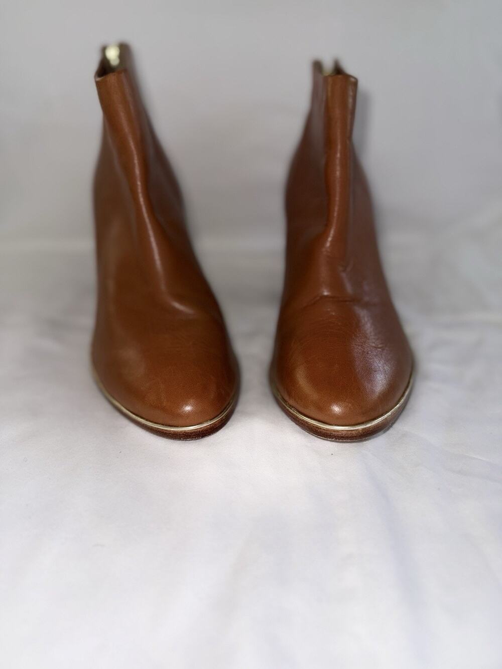 Ted Baker Ankle Boots Womens 10 (41) Block Heel Brown Leather Gold Trim Zipper